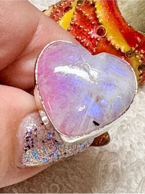Heart-Shaped Pink Flash Moonstone Sterling Ring - Artisan made-925